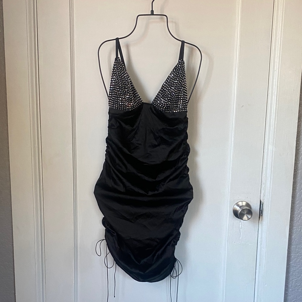 For Love And Lemons - Rouched Satin Black Mini Dress w/ Bedazzled Cups